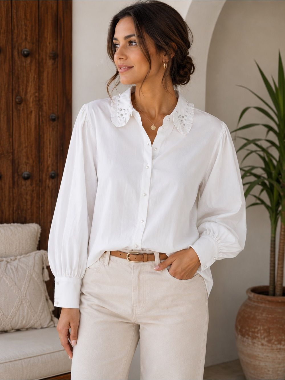 (W3)Zara Oversized Shirt with Shirt Collar andLongPuff Sleeves,Jewel Appliqué,XS